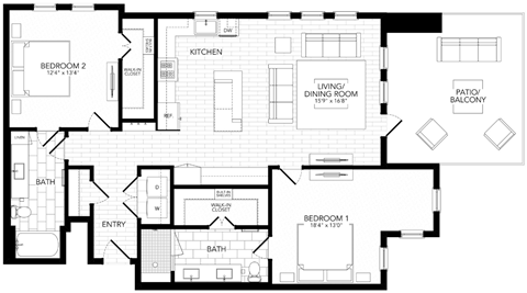Floor plan for 2 beds, 2 baths, 1350 sqft